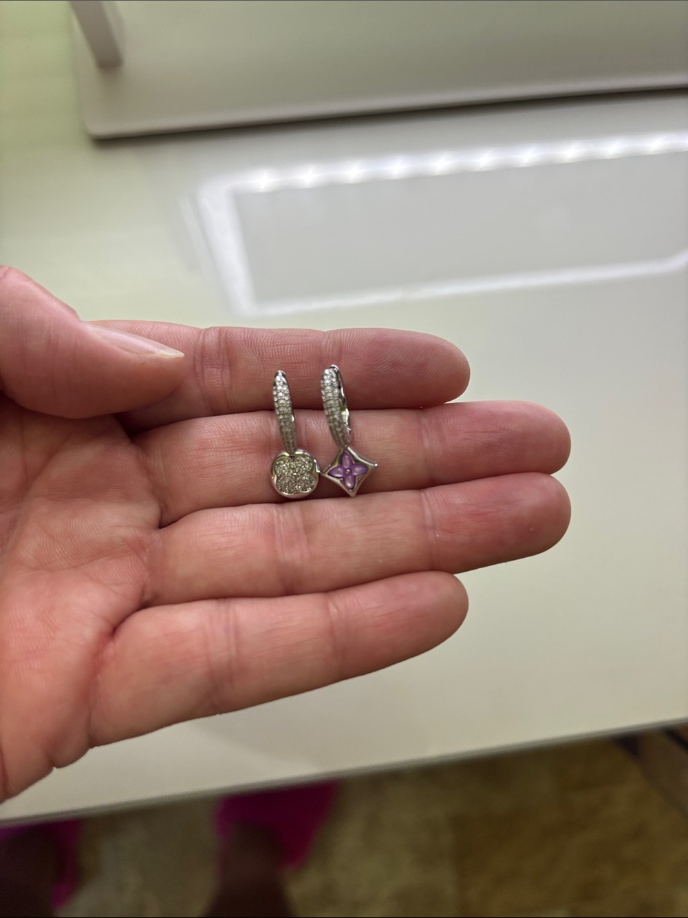 LV Silver Tone Dangle Earrings with Purple Accent